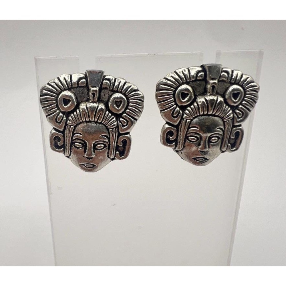 Sculptural Tribal Face Earrings Silver Pierced Posts Statement Bold Ethnic Vibe‎